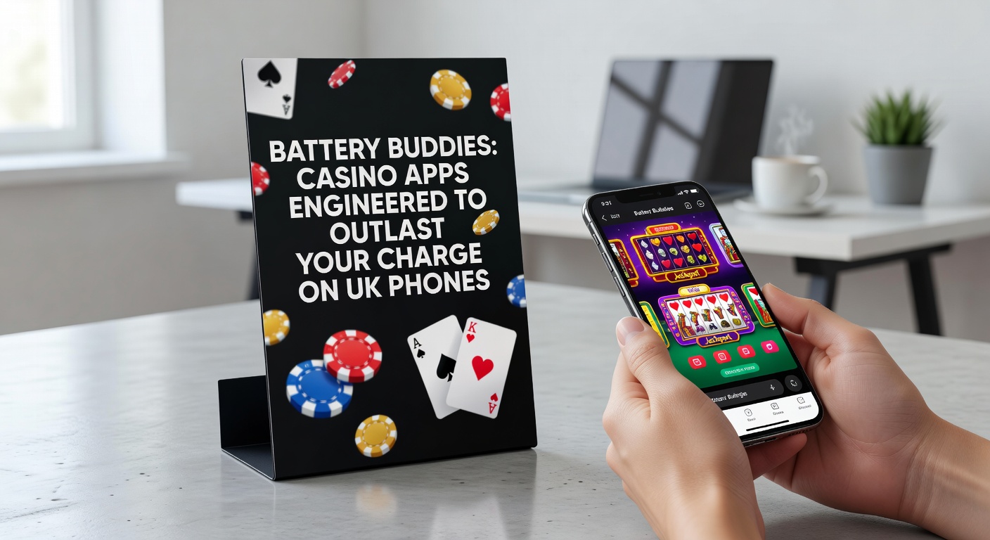 Close-up of a UK smartphone running a casino app, with overlaid graphs comparing battery drain rates across different apps during gameplay
