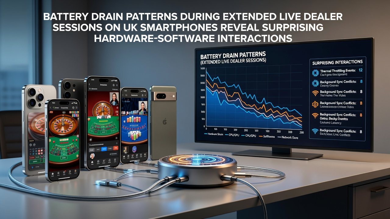 Smartphone displaying live dealer casino interface with battery usage graph overlay on a UK device