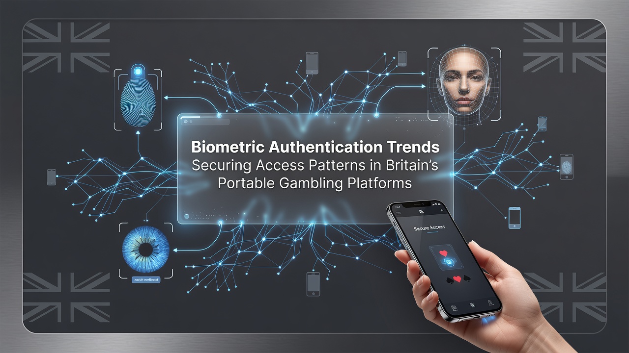Close-up of smartphone displaying biometric login screen for a UK gambling application with fingerprint scanner active