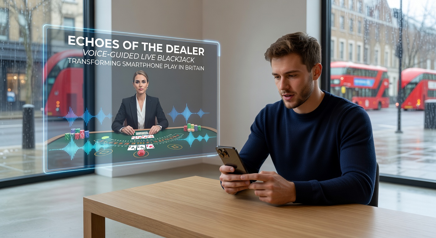Smartphone screen displaying a live blackjack table with voice command interface active, dealer visible in real-time stream