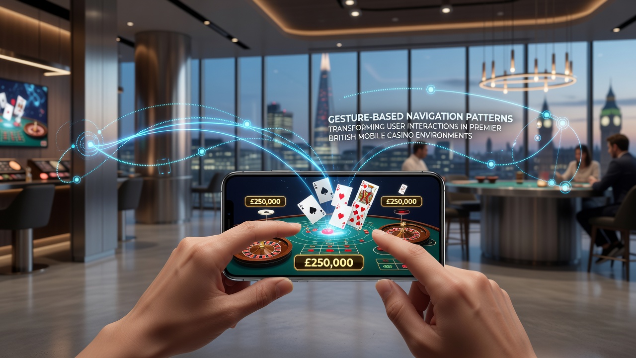Players using gesture controls on smartphones in a British mobile casino setting