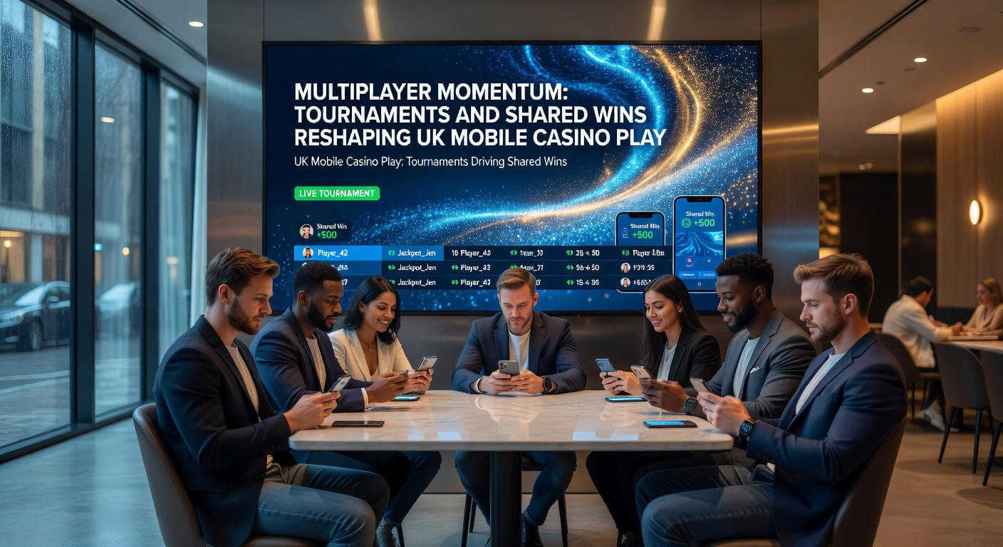 Group of diverse UK players celebrating a shared jackpot win on their mobile devices during a casino tournament