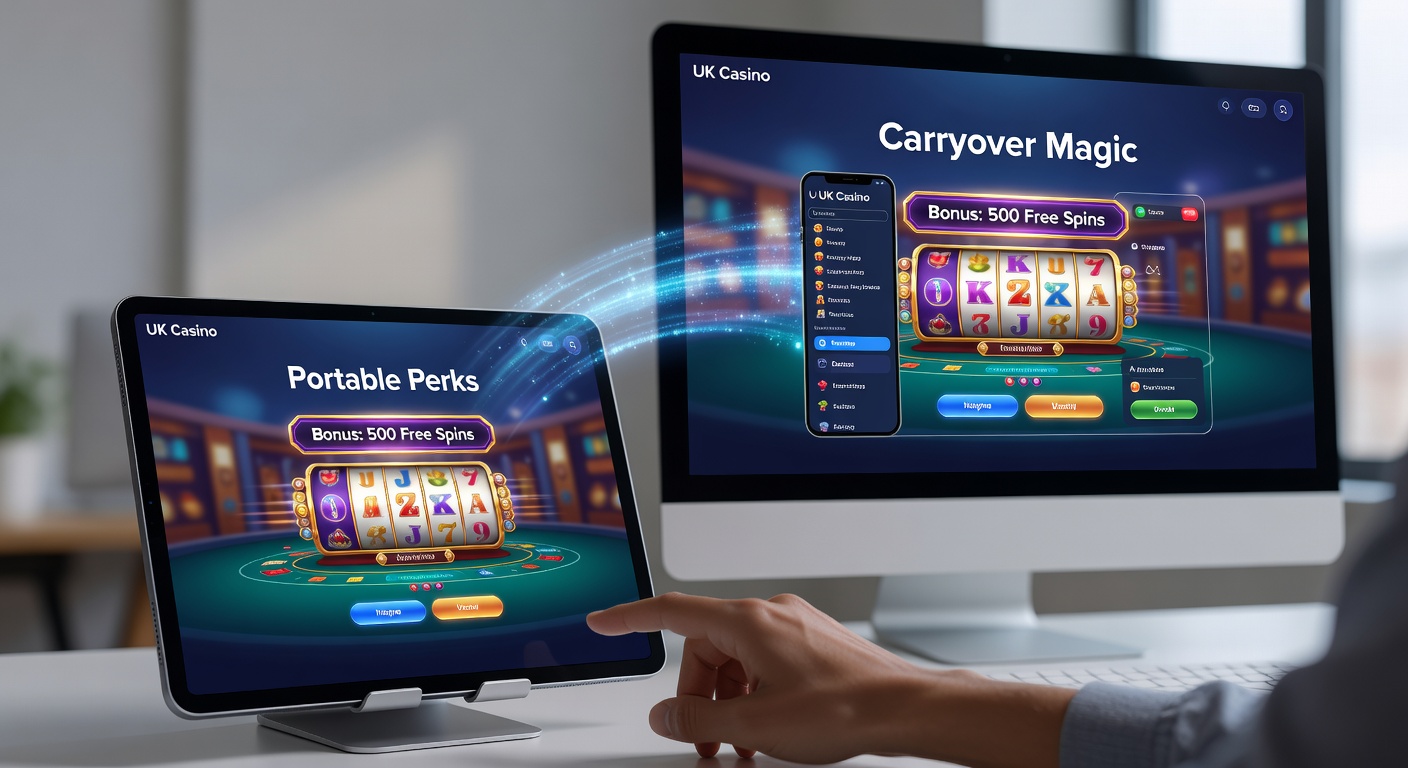 Smartphone and desktop screens displaying synced casino bonuses, showing a player mid-game transitioning devices without losing progress