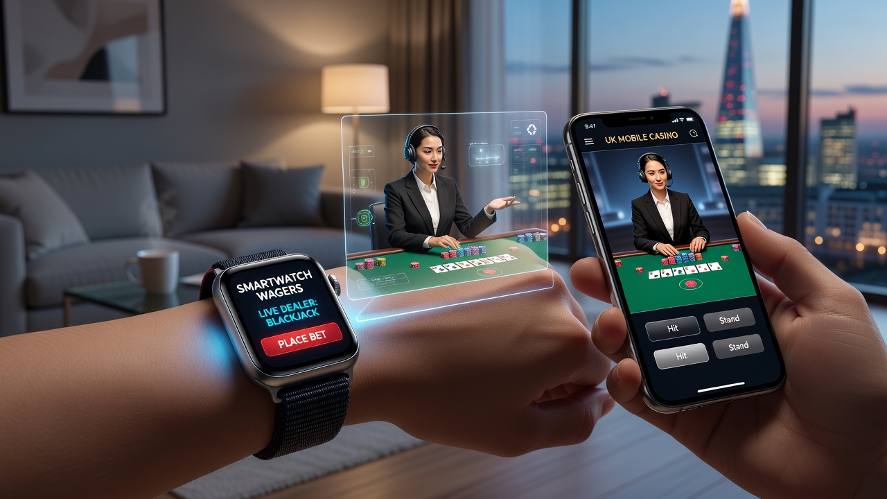 Smartwatch displaying live dealer casino interface during a blackjack session