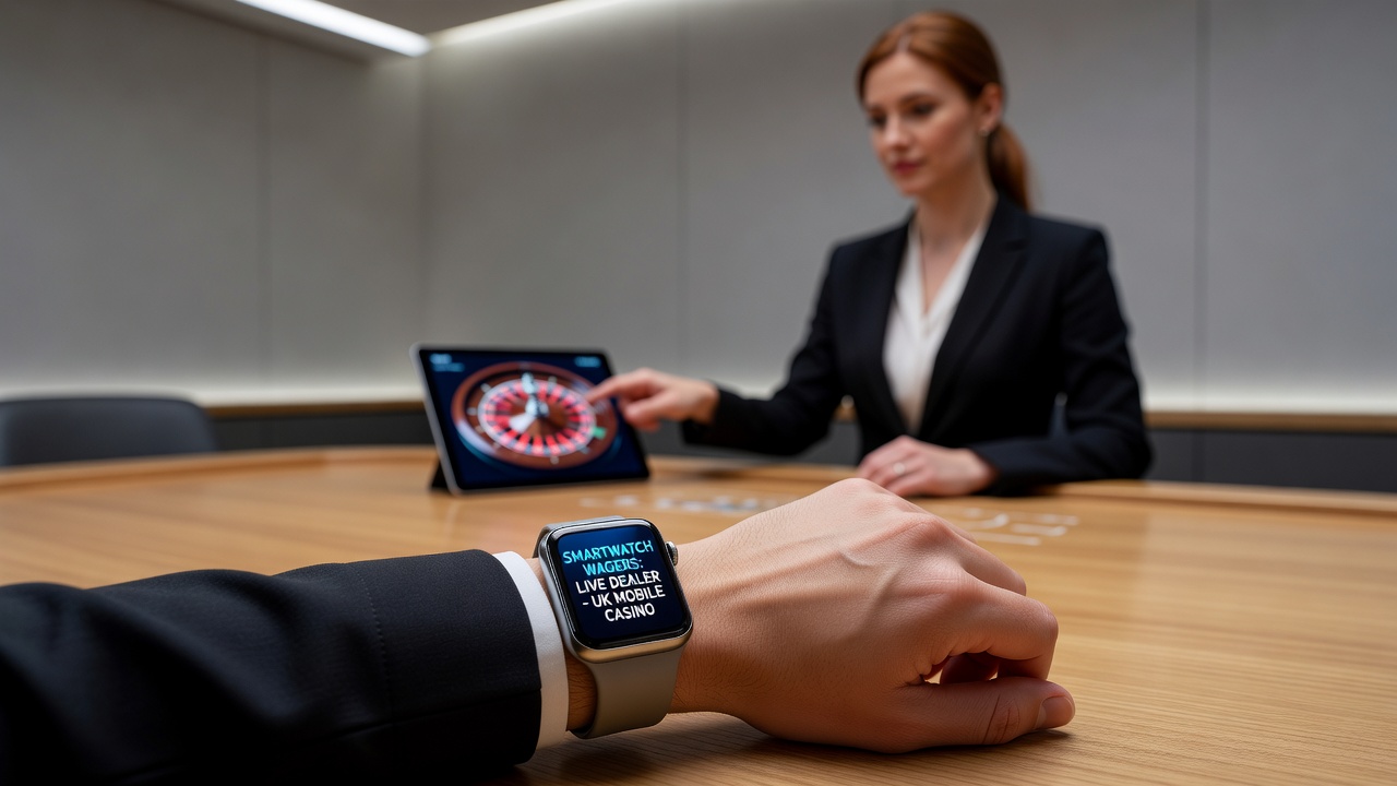 Close-up of smartwatch showing roulette betting options synced with a live dealer stream