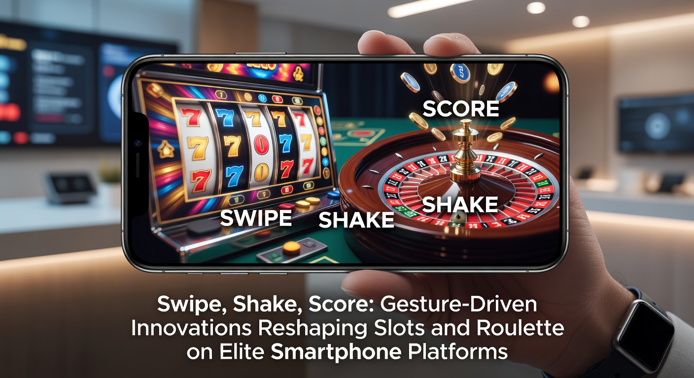 Smartphone screen displaying a vibrant slot game with gesture controls like swipe and shake icons active during gameplay