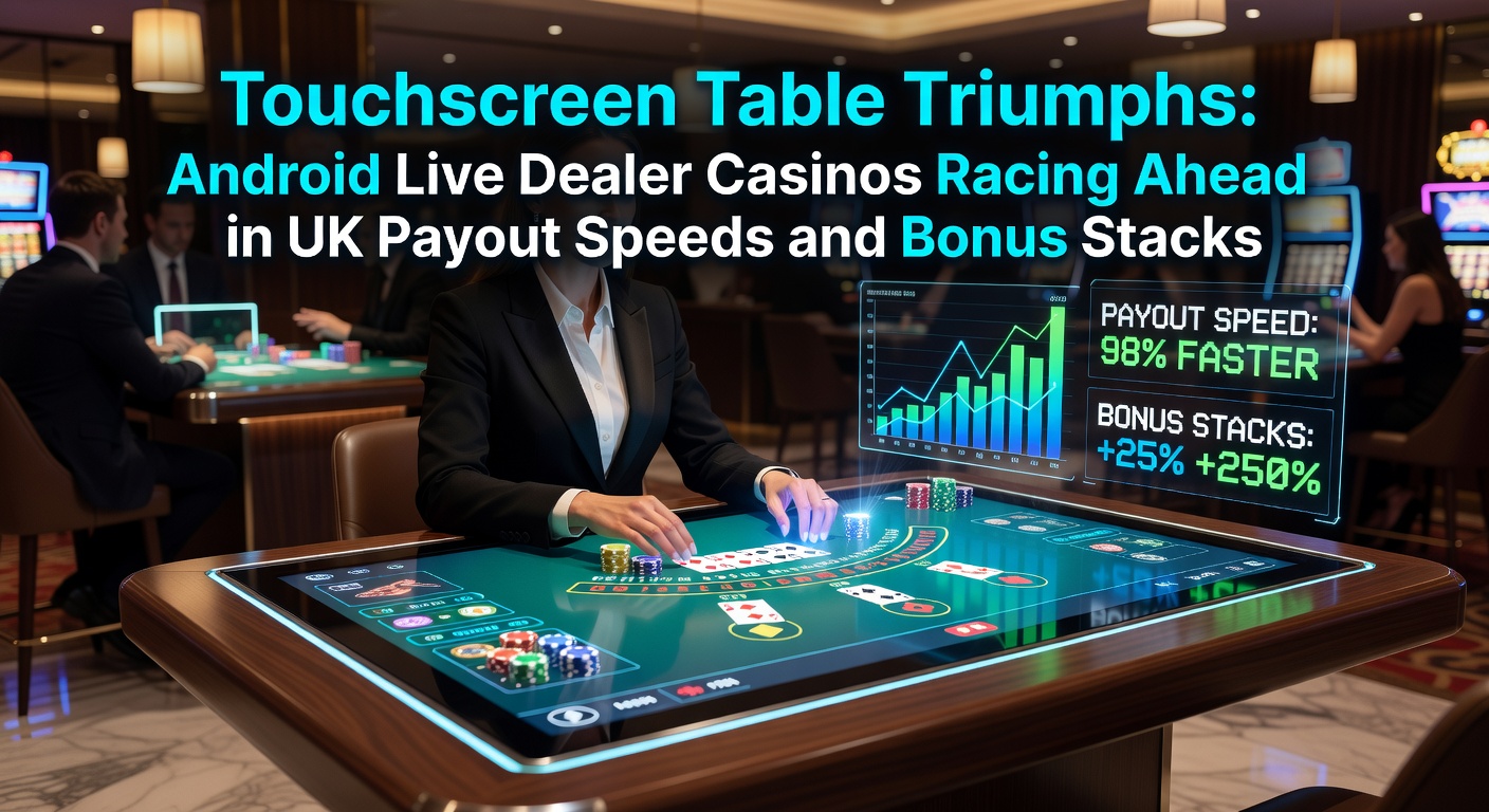Vibrant Android touchscreen displaying live dealer blackjack table with fast payout icons and stacked bonuses