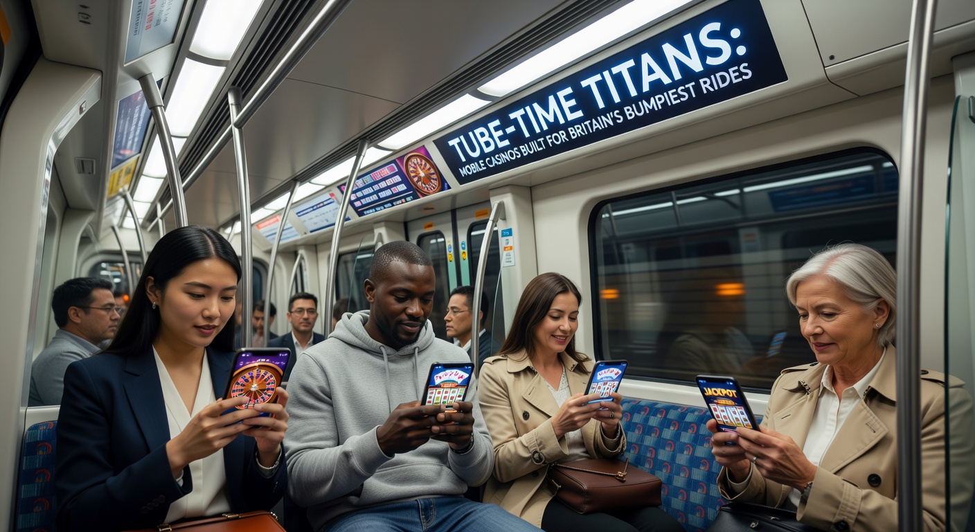 Commuters on a crowded London Tube train, smartphones in hand, engaging with mobile casino apps amid the sway and jolts of the journey